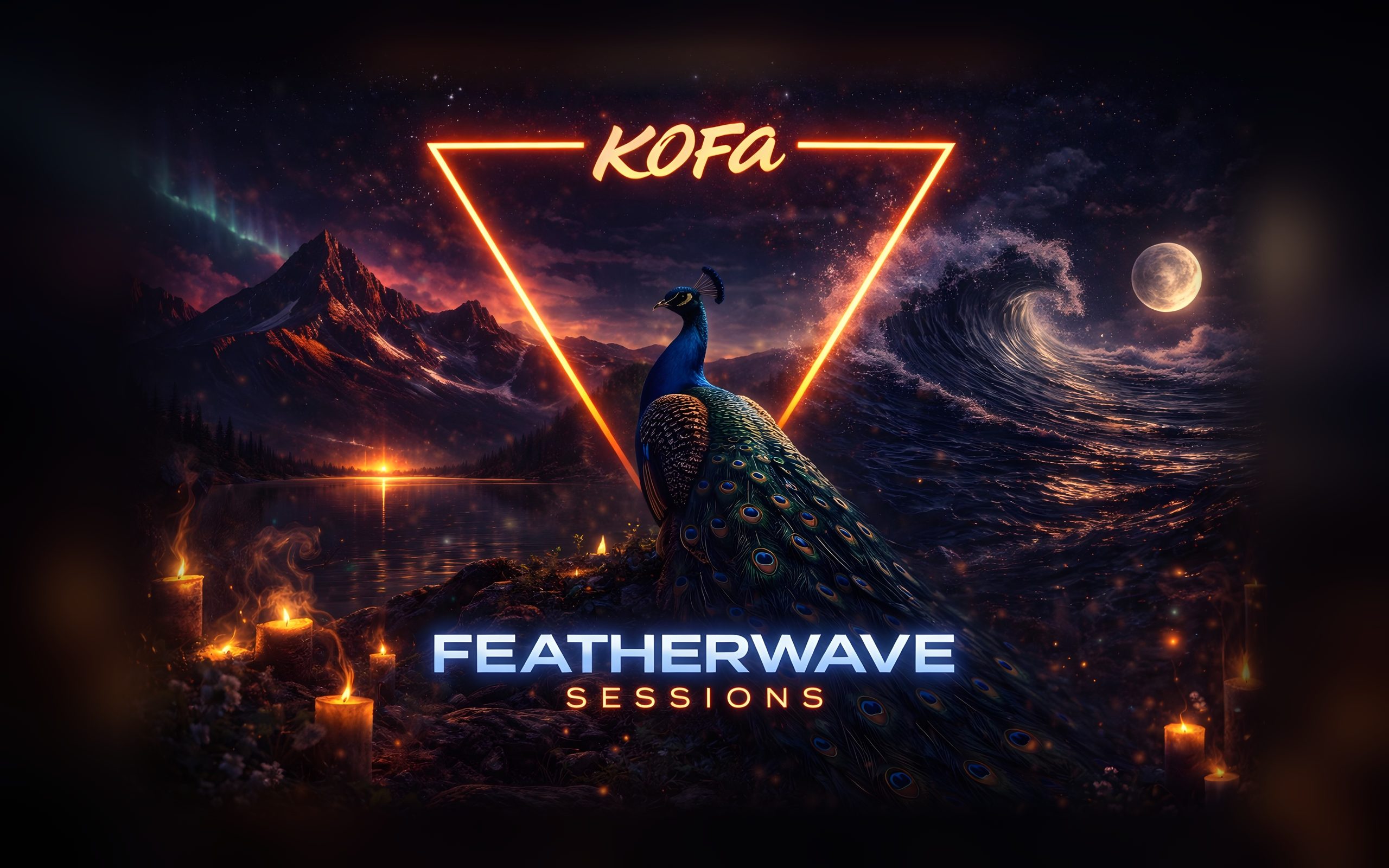 KOFA — Featherwave Sessions: pavo real bajo un triángulo de neón, entre montañas y una ola bajo la luna